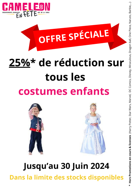 offre spéciale remise 25 % costumes enfants